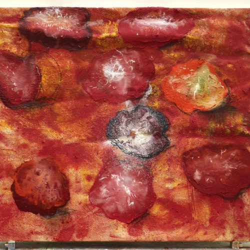 Neuf demi tomates, 2010. Mischtechnik auf Leinwand. 180 × 210 cm. Privatsammlung, courtesy Galerie Bruno Bischofberger, Männedorf-Zürich, Schweiz